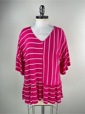 💚 3680. Fuchsia & White Striped V-Neck Peplum Top